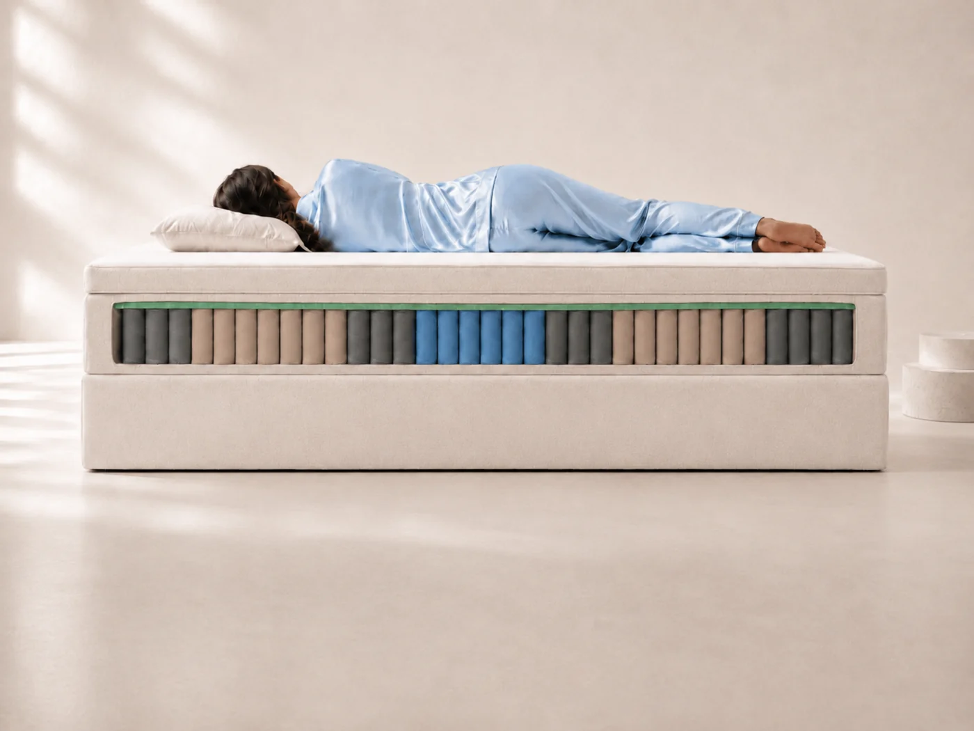 Tverrsnitt av Co-sleeping.com-madrassen med 7 ergonomiske komfortsoner i pocketfjærer